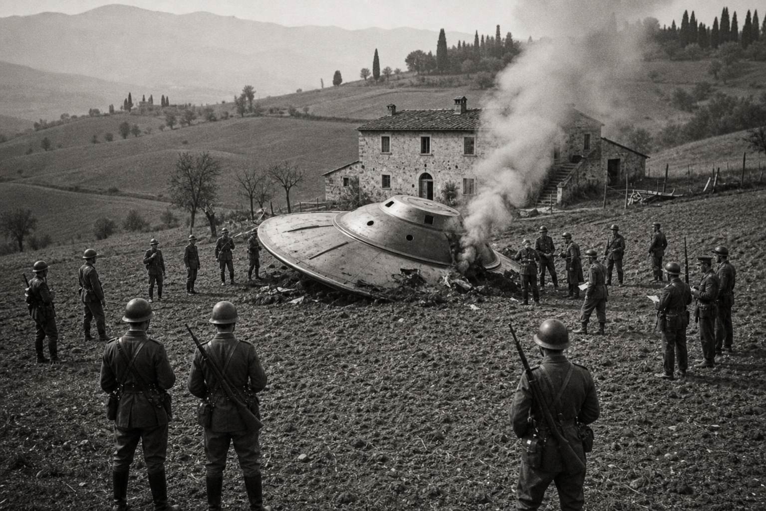 AI-generated illustration imagining Italian soldiers surrounding a crashed UFO in 1933 — not an actual historical photograph or government document