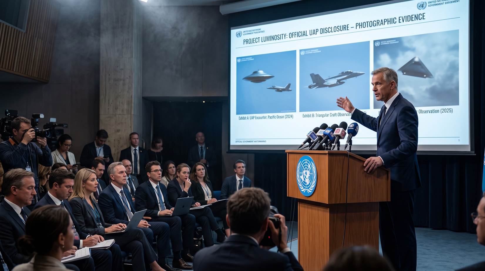 AI-generated conceptual illustration depicting a fictional UN-style press conference on UAP disclosure