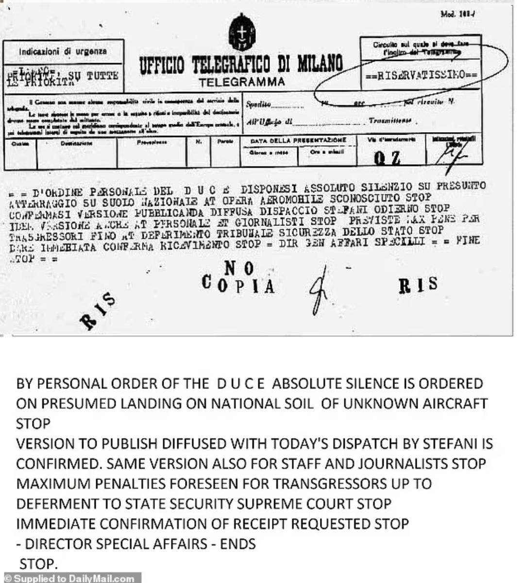 Reproduction of a 1933 telegram cited by Italian researchers Roberto Pinotti and Alfredo Lissoni as part of the Magenta case documents