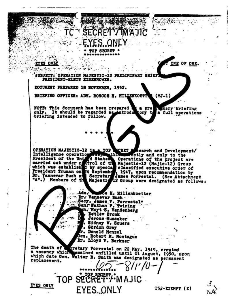 Page from the FBI declassified Majestic 12 file, marked BOGUS, released via FOIA