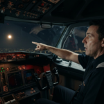 Brazilian commercial airline pilot in cockpit pointing at a bright glowing UAP orb visible far in the night sky