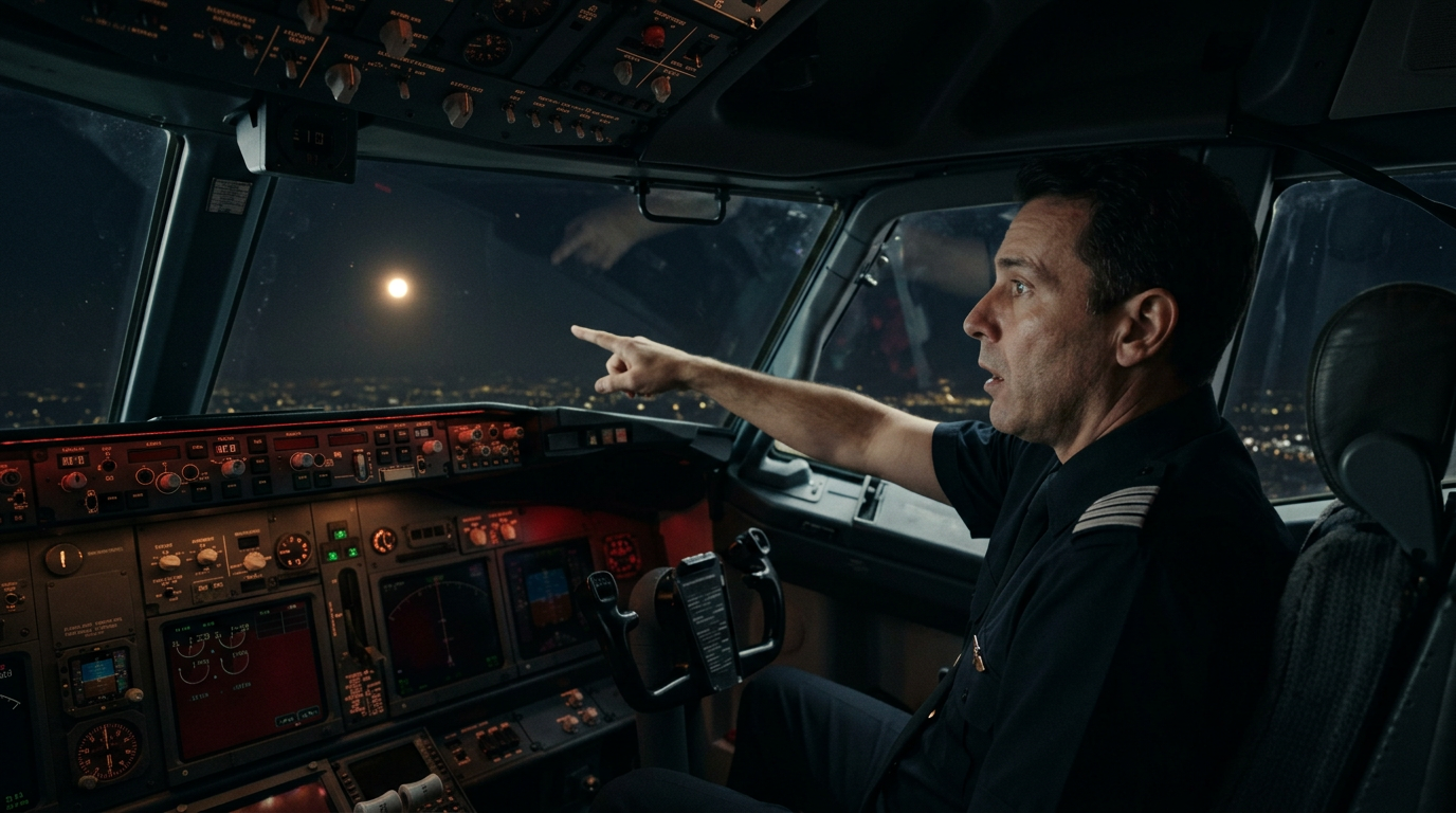 Brazilian commercial airline pilot in cockpit pointing at a bright glowing UAP orb visible far in the night sky