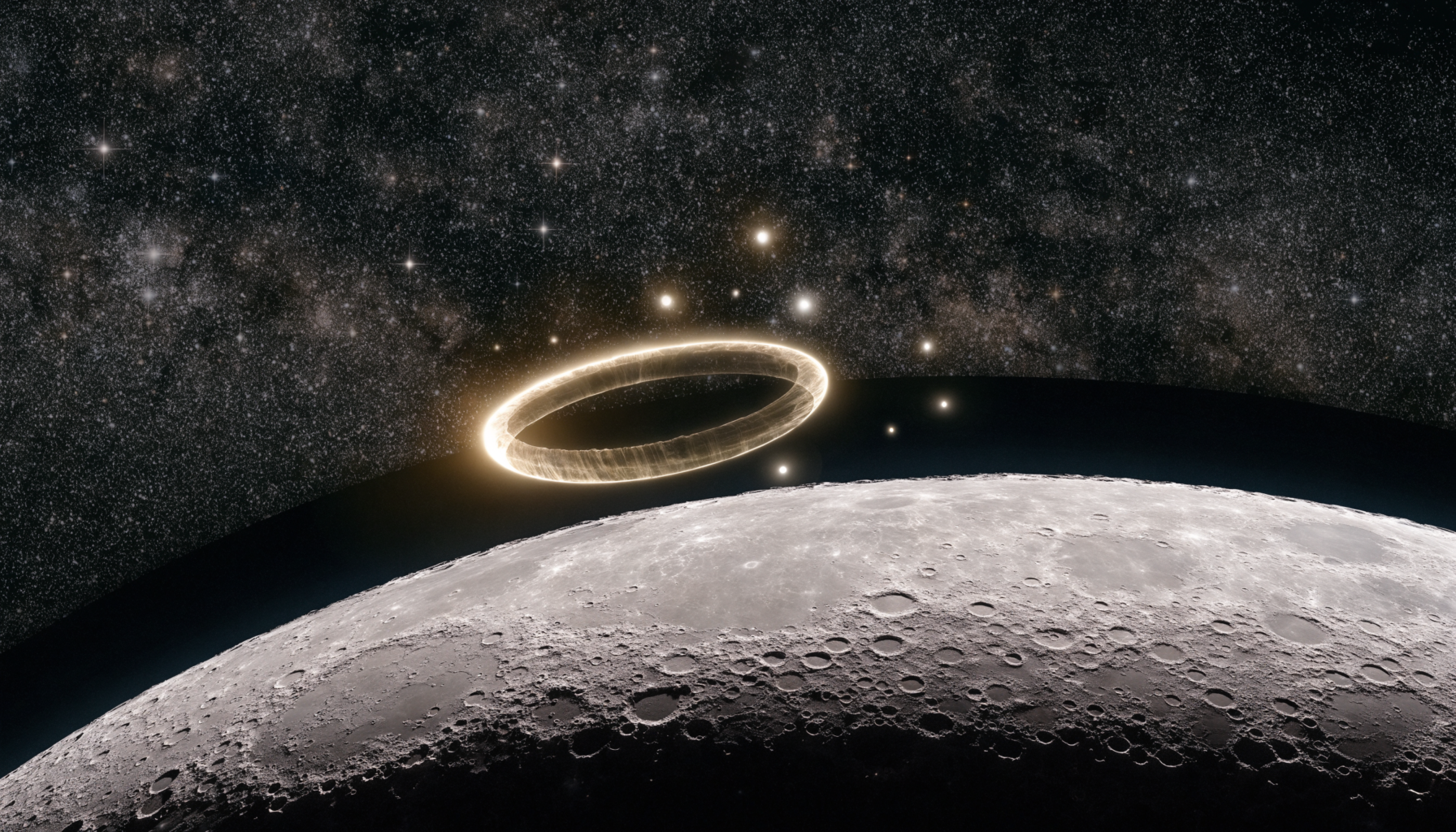 AI illustration of a glowing ring-shaped anomalous object above the lunar surface