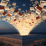 Illustration of the Pentagon at dusk with a glowing cascade of declassified UFO files bursting into the night sky beneath a faint unidentified light