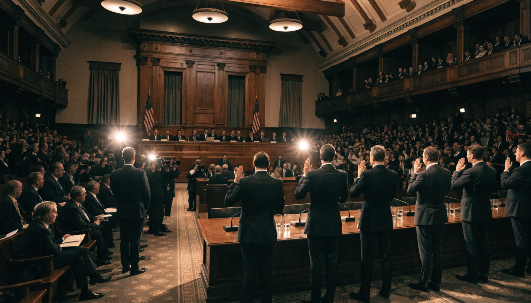 Wide shot of witnesses sworn in at a Congressional hearing room with press camera flashes, symbolic of UAP whistleblower testimony