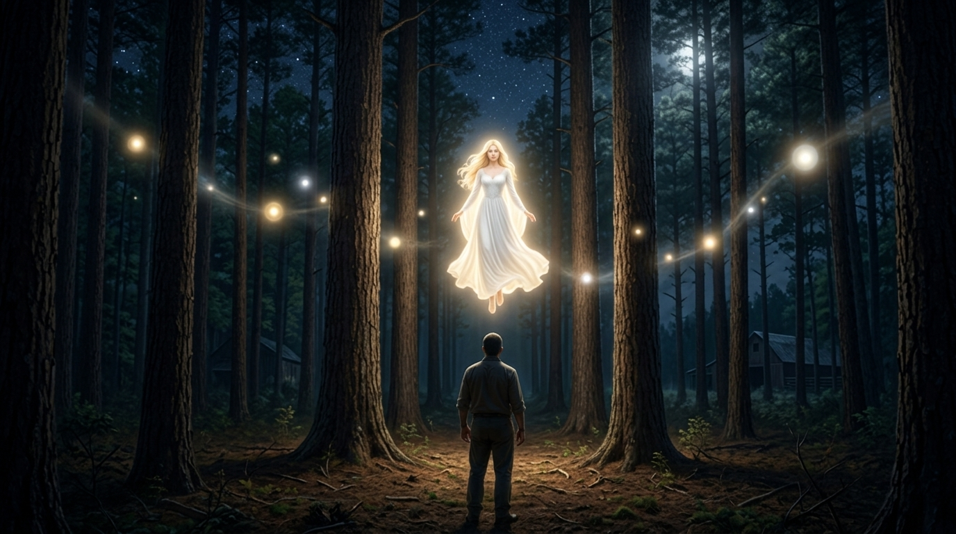 Illustration of a man seen from behind facing a floating blonde woman in a white dress between pine trees at night, as Chris Bledsoe described the Lady