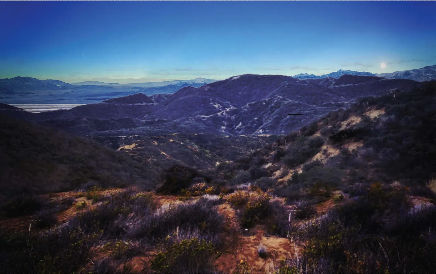 Rendition of the black triangle reported by federal agents over a mountain ridgeline, from the FBI file released in PURSUE Release 07. Frame 1: the ridgeline scene before the object appears