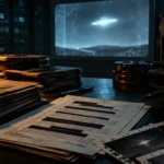 Redacted Pentagon UFO files, film reels and a tape recorder in a dark archive