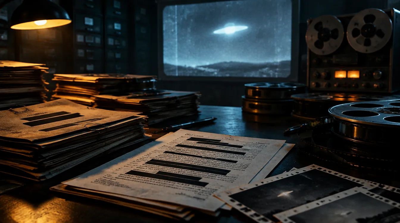 Redacted Pentagon UFO files, film reels and a tape recorder in a dark archive