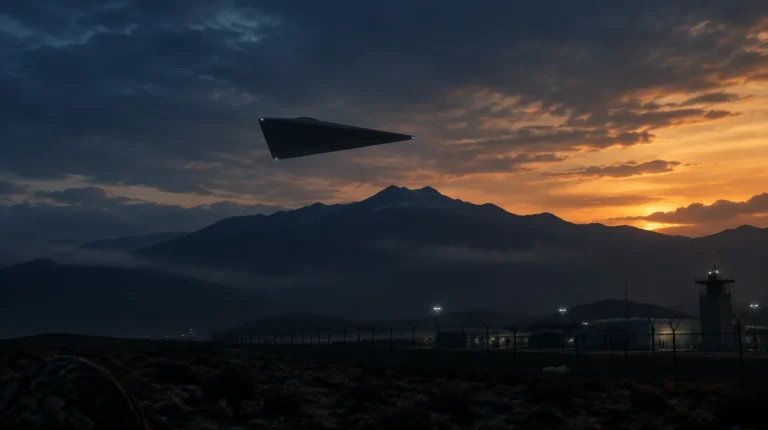 Silent matte-black triangular craft hovering above a mountain ridgeline at dusk near a secure facility, illustrating the black triangle report in the seventh Pentagon UFO files release