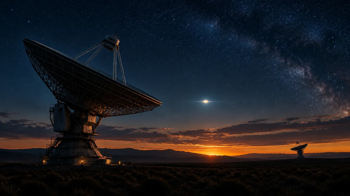 Giant radio telescope dish at dusk with an unidentified light above the horizon, illustrating the Russia and China UFO disclosure claim