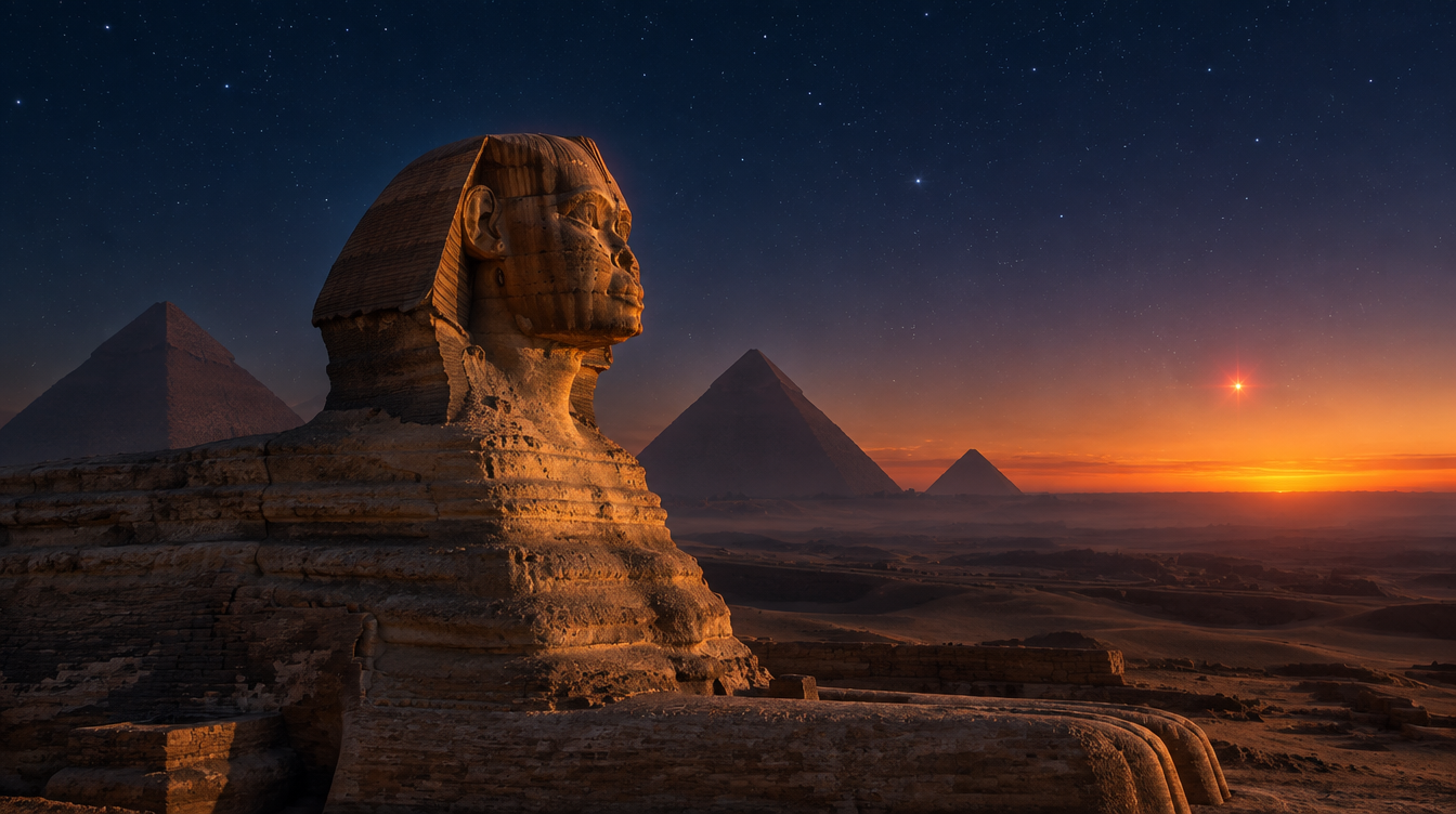 The Great Sphinx of Giza at dawn gazing east toward the red star Regulus rising on the horizon