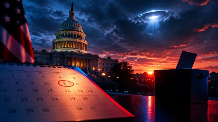 US Capitol at dusk with a glowing unidentified craft and an election calendar