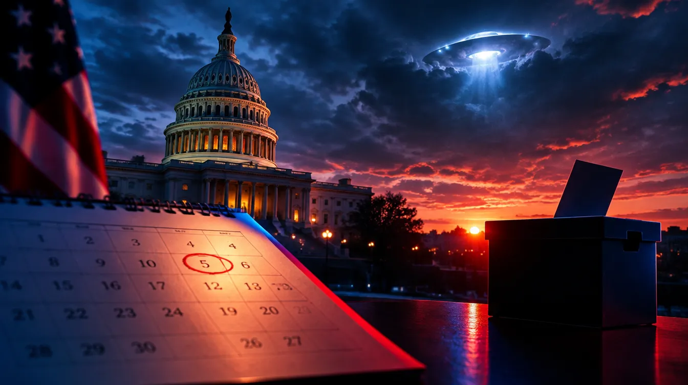 US Capitol at dusk with a glowing unidentified craft and an election calendar